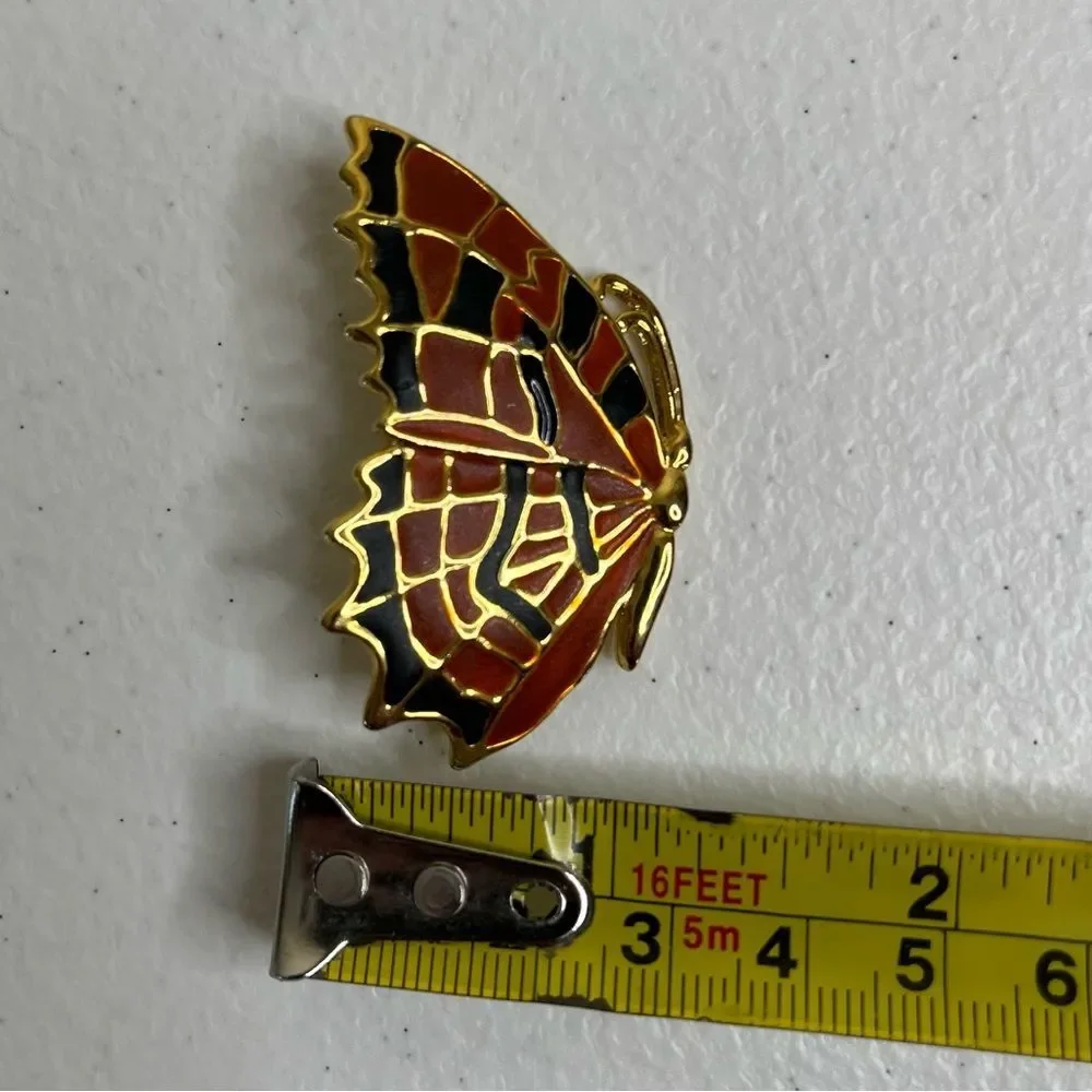 Vintage Orange Black Goldtone Butterfly Brooch Pin Costume Jewelry 1.25